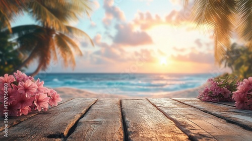Wooden table top with a tropical beach and sunset background, featuring pink flowers. This could serve as a product display backdrop