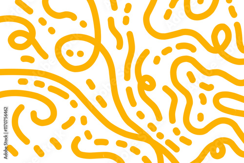 Abstract noodle pattern. Graphic spaghetti background with yellow ramen noodles. Isolated vector illustrations on white background. Italian pasta abstract pattern
