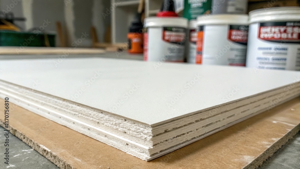 Focused on a single drywall sheet the camera highlights the fine texture of the paper facing and the subtle imperfections along its edges. In the background blurred but visible Focused on a single drywall sheet the camera highlights the fine texture of the paper facing and the subtle imperfections along its edges. In the background blurred but visible