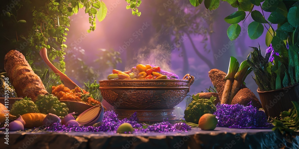 Fototapeta premium Tilted view of a mystical kitchen, ingredients floating, enchanted forest backdrop, whimsical colors blend harmoniously