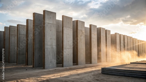 In the heart of the construction yard a dynamic arrangement of precast concrete walls stands upright leaning slightly against one another. The sunlight enhances their surface
