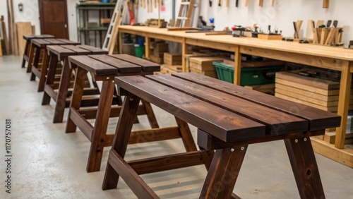 In a serene workshop setting neatly arranged sawhorses hold freshly stained wooden planks. The rich dark finish contrasts with the raw unrefined texture of the surrounding photo