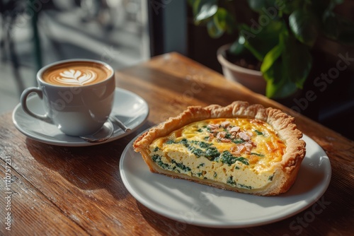 A delicious spinach quiche served alongside a cup of latte on a wooden table.