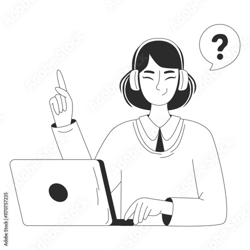 Young girl in headphones with laptop. Customer service concept. Customer service, hotline operator advises customer. Vector flat illustration for website or app in outline style