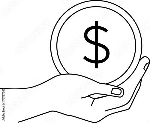 Outline image of outstretched hand holding coin with dollar sign . Vector illustration with transparent background.