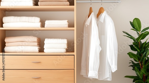 Organized closet with neatly folded towels, stacked clothes, and hanging shirts. photo