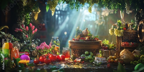 Tilted view of a mystical kitchen, ingredients floating, enchanted forest backdrop, whimsical colors blend harmoniously