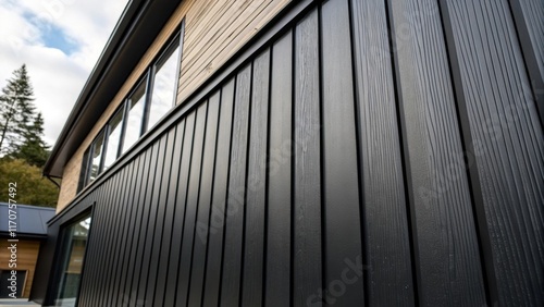 The closeup features a modern aesthetic with bold wide cladding boards finished in a soft matte matte black. The sleek surface is contrasted by vertical grooves that not only add photo