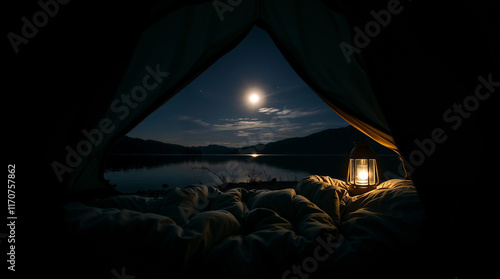 Tent, view from inside, low key lighting, facing a moonlit lake under a starry night sky. Inside, a glowing lantern illuminates soft blankets and a sleeping bag. Deep shadows, dramatic lighting photo