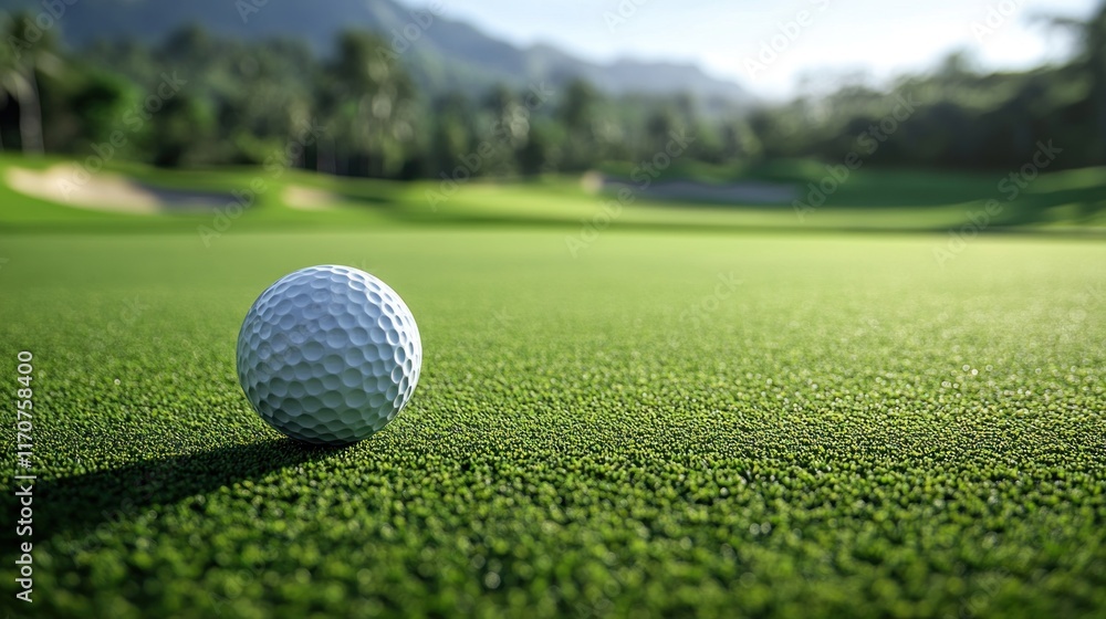 Create a close-up image of a golf ball sitting perfectly on a tee, ready for a shot in a virtual golf machine setting