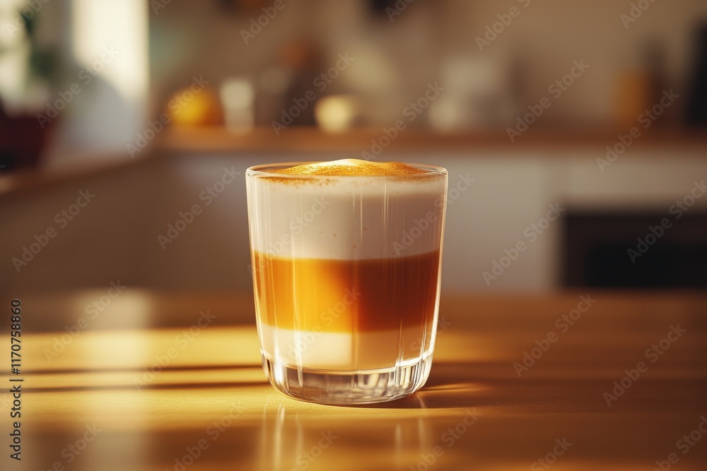 A close-up of a layered latte in a clear glass, showcasing warm hues and creamy textures in natural light. A close-up of a layered latte in a clear glass, showcasing warm hues and creamy textures in natural light.
