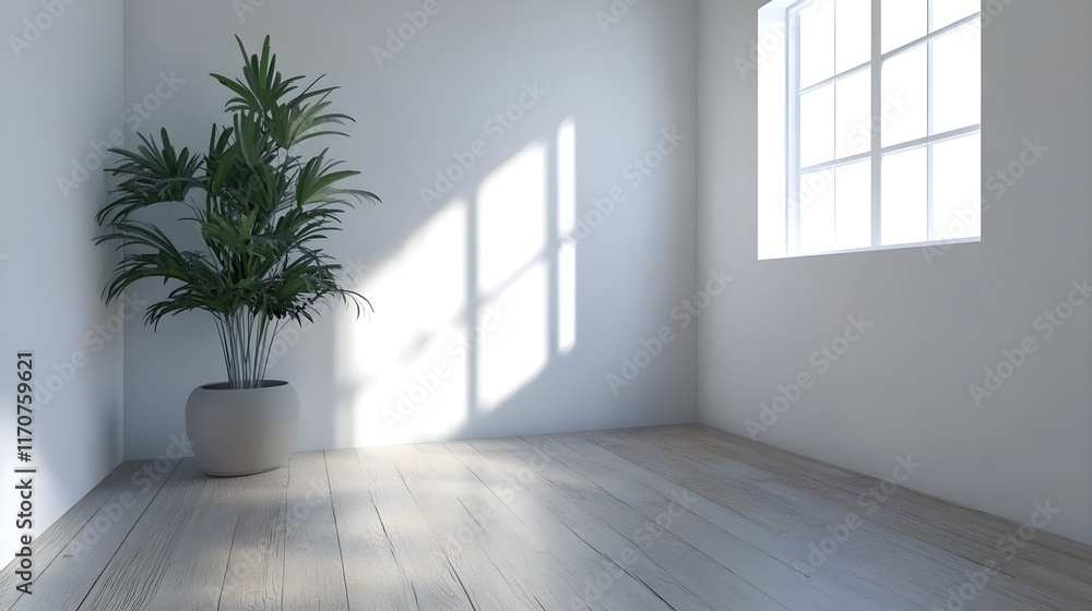 An empty white room with a wooden floor and a potted plant An empty white room with a wooden floor and a potted plant