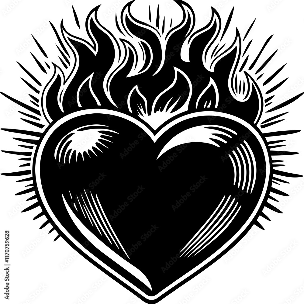 Flaming black heart illustration in bold graphic style Flaming black heart illustration in bold graphic style