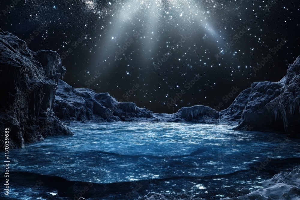 Fototapeta premium Night sky illuminates an icy landscape beneath a starlit atmosphere at an isolated location