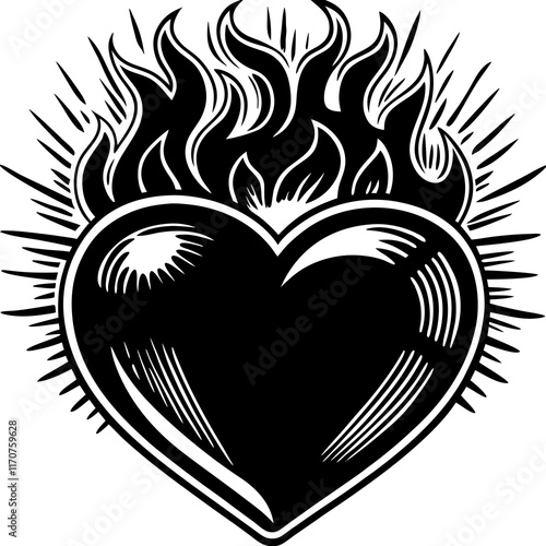 Flaming black heart illustration in bold graphic style