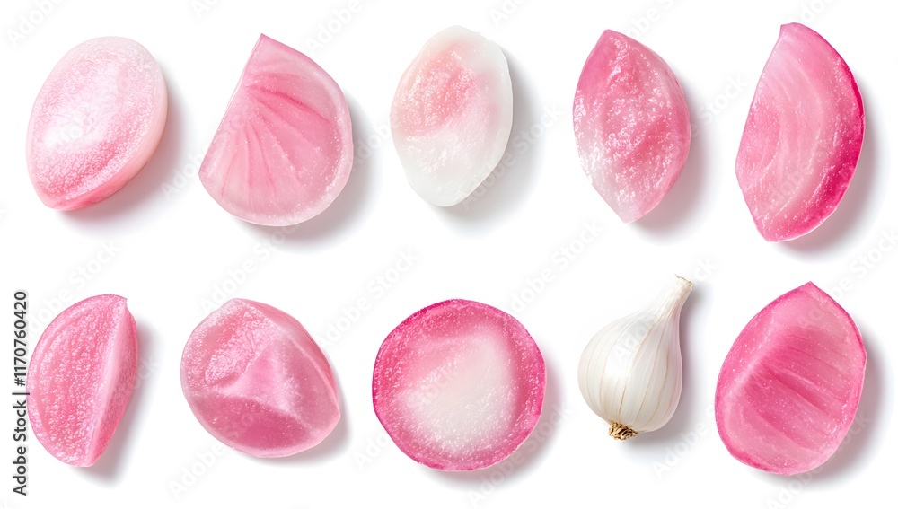 Pink onion slices and a whole garlic bulb Pink onion slices and a whole garlic bulb