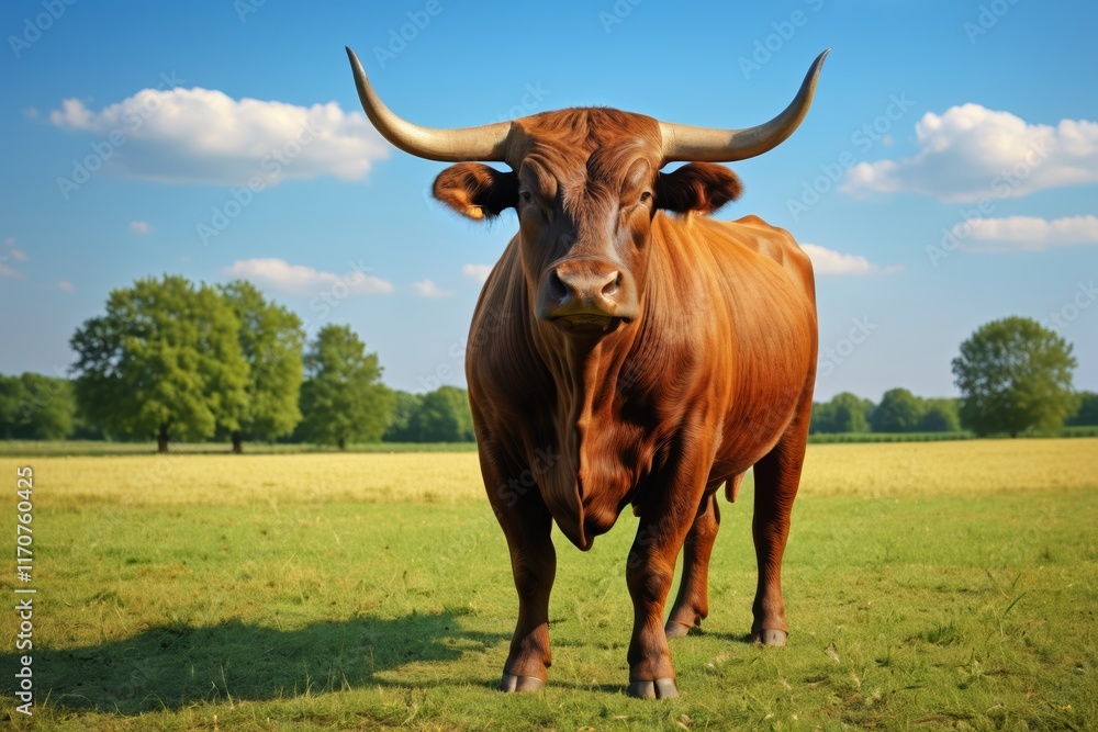 there is a brown cow standing in a field with trees in the background