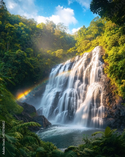 Majestic Waterfall in Lush Tropical Rainforest with Rainbow and Sunbeams - Stunning Nature Photography