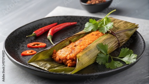 Close-Up of Unwrapped Otak Otak with Garnishes and Spicy Sauce photo