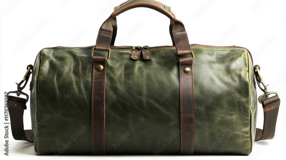 Luxurious olive green leather duffel bag with sturdy straps and a vintage charm perfect for travel adventures. Generative AI Luxurious olive green leather duffel bag with sturdy straps and a vintage charm perfect for travel adventures. Generative AI