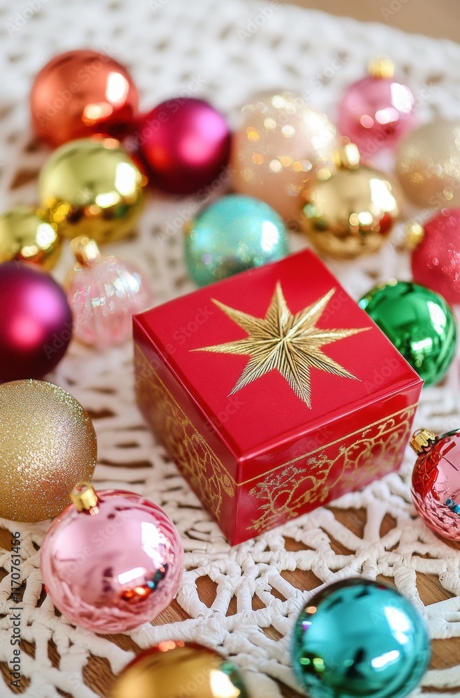 A red box with a star on it sits on a table with many colorful Christmas ornamen A red box with a star on it sits on a table with many colorful Christmas ornamen