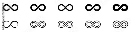 Infinity shape icon. Infinity symbols. Set of infinity icons. Symbols of endless, unlimited, eternal. Vector illustration. EPS 10