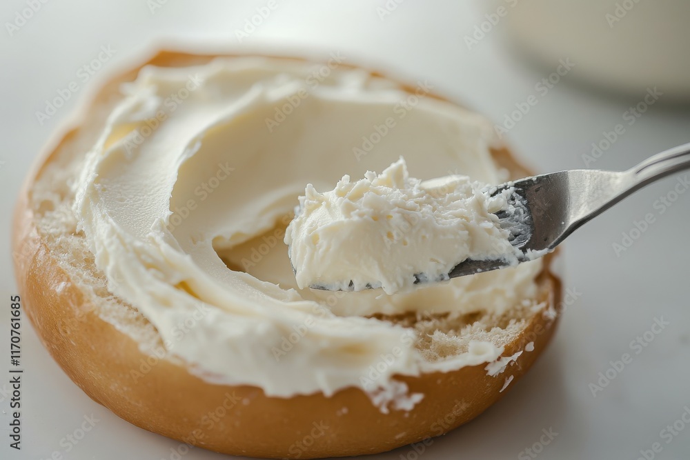A close-up of a fresh bagel being spread with creamy cream cheese. A close-up of a fresh bagel being spread with creamy cream cheese.