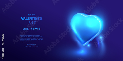 Happy Valentine's Day. 3d blue neon isometric heart in technology style. Sapphire stone heart. Love ai futuristic holiday card for mobile vector.