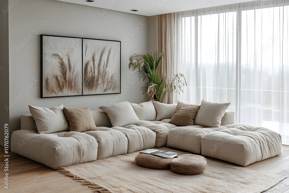 Fototapeta premium Modern Living Room Neutral Decor With Sectional Sofa