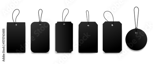 Blank hanging labels templates set black color.Realistic Cardboard label,tags,shopping gift card with string collection.Price tag or gift tags in different shapes craft and different colors set.Vector