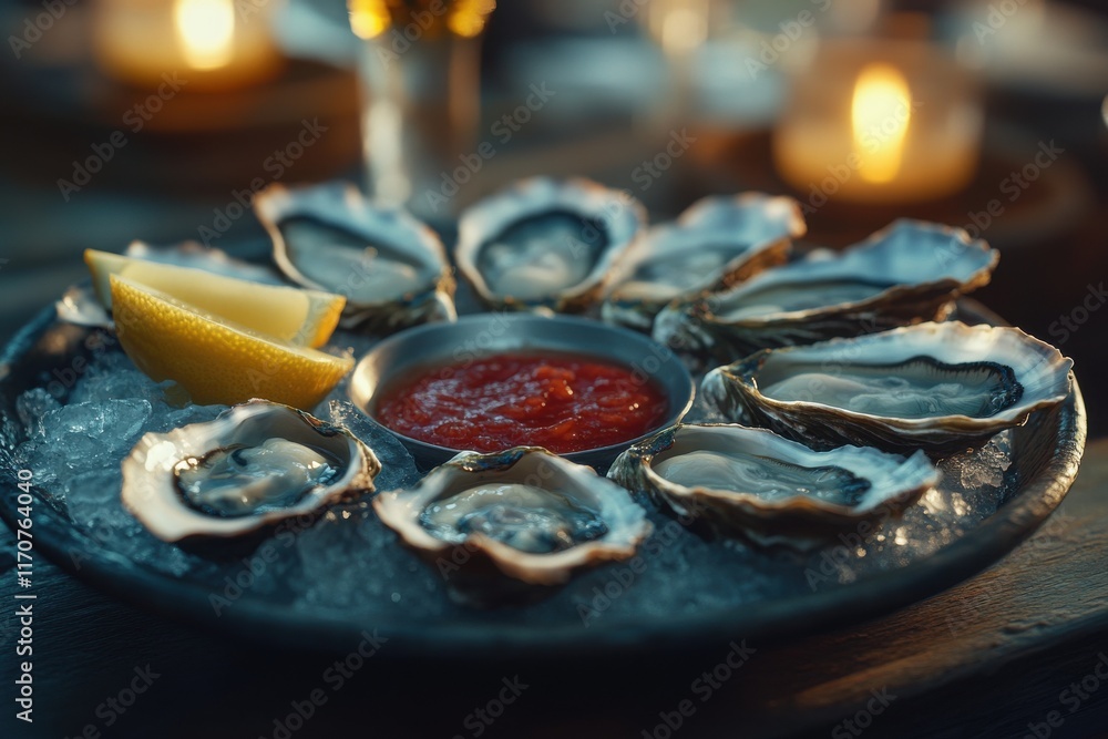Fototapeta premium A gourmet platter of fresh oysters served on ice with lemon wedges and tangy sauce.