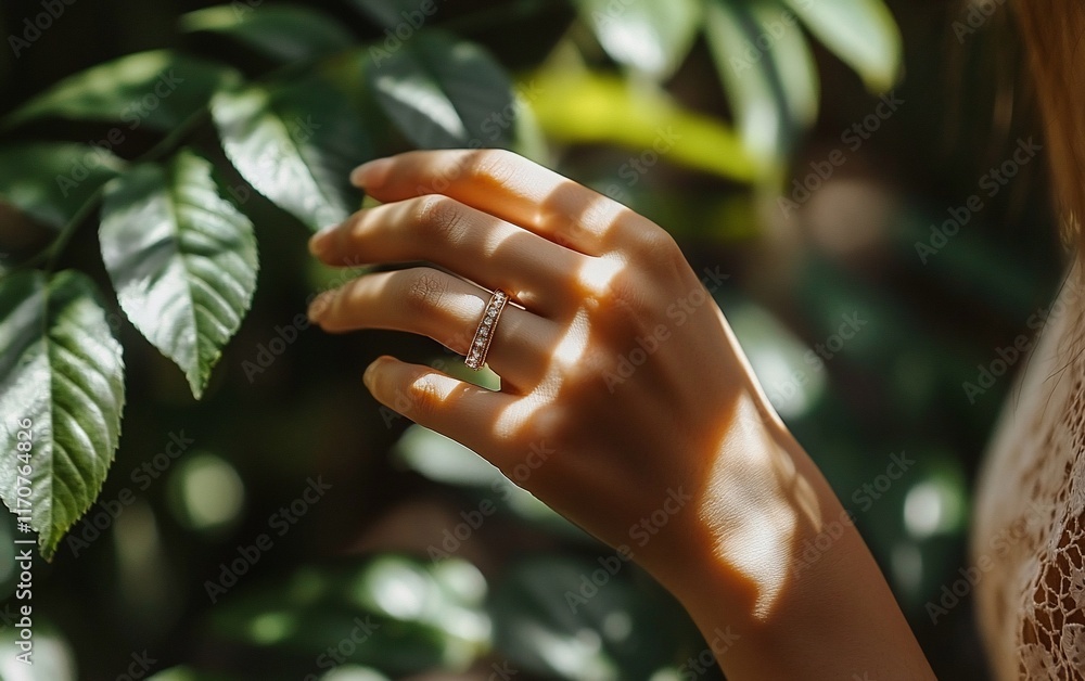 Woman's hand with ring, sunlight, leaves. Woman's hand with ring, sunlight, leaves.