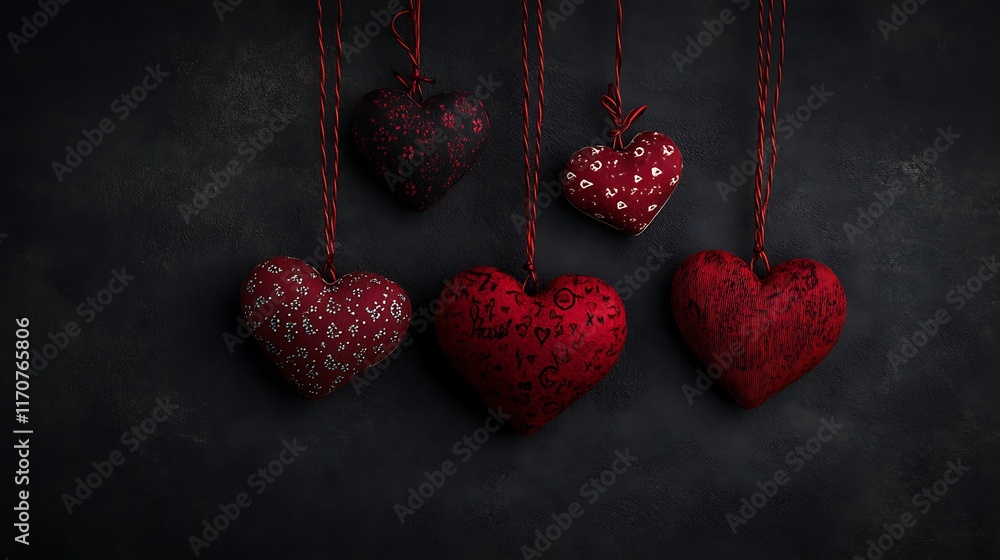 Valentine's Day theme with red heart-shaped decorations and ribbons Valentine's Day theme with red heart-shaped decorations and ribbons