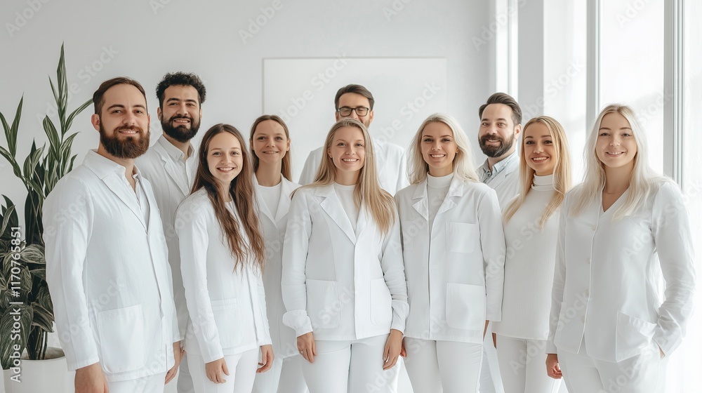 Smiling people men and women in white medical suits attending workshop, medicine conference Smiling people men and women in white medical suits attending workshop, medicine conference