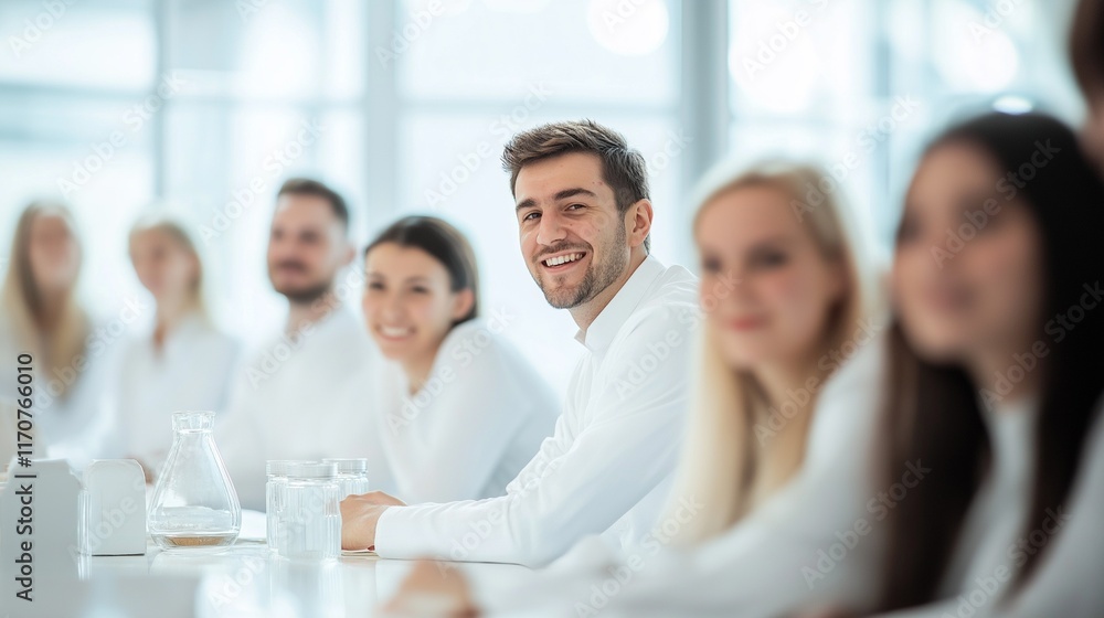 Smiling people men and women in white medical suits attending workshop, medicine conference Smiling people men and women in white medical suits attending workshop, medicine conference