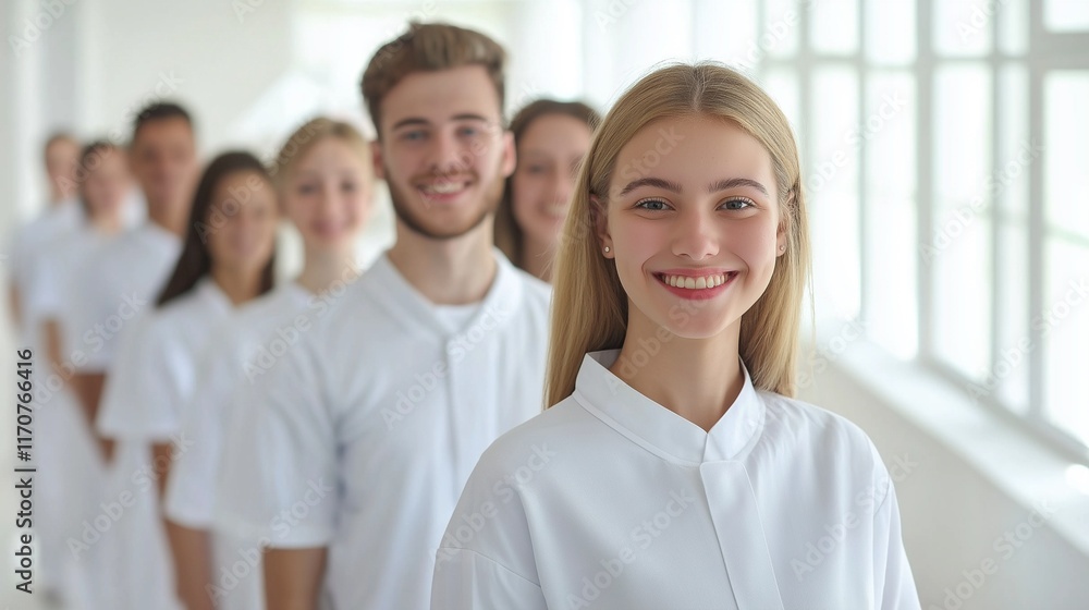 Smiling people men and women in white medical suits attending workshop, medicine conference Smiling people men and women in white medical suits attending workshop, medicine conference