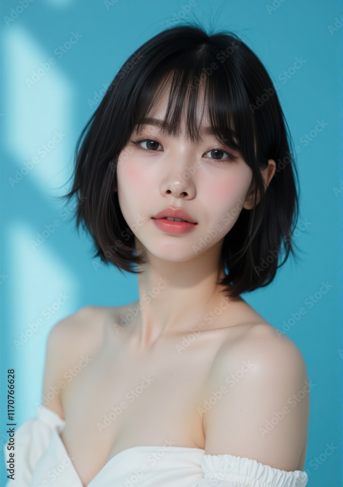 Elegant Asian woman with healthy glowing skin and dark wavy bob hair, standing against a cool blue background in a minimalist photography style Elegant Asian woman with healthy glowing skin and dark wavy bob hair, standing against a cool blue background in a minimalist photography style