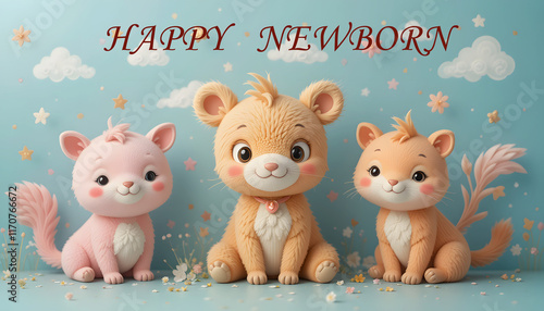 Cute cartoon animals celebrating newborns with joyful expressions on pastel blue background