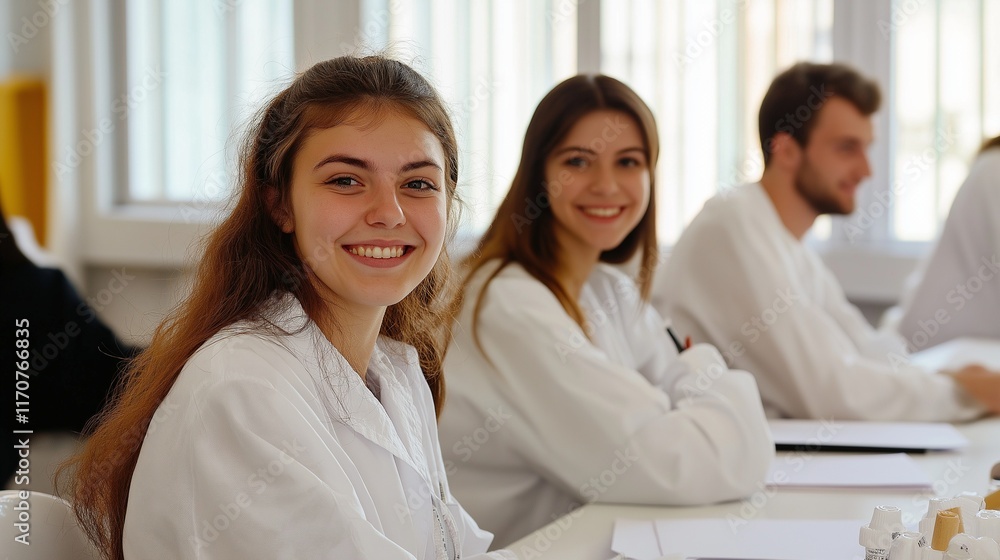 Smiling people men and women in white medical suits attending workshop, medicine conference Smiling people men and women in white medical suits attending workshop, medicine conference