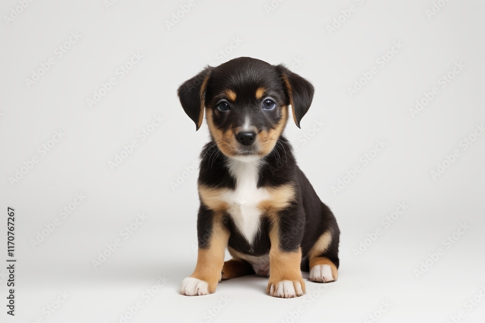 there is a small black and brown puppy sitting on a white surface there is a small black and brown puppy sitting on a white surface