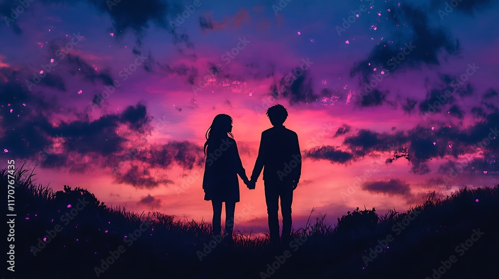 anime couple in love with romantic sunset background and soft-focus pink sky anime couple in love with romantic sunset background and soft-focus pink sky