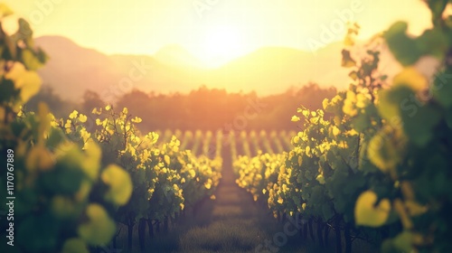 Fototapeta Naklejka Na Ścianę i Meble -  Golden Hour Vineyard Serene Sunset Landscape Photography of Grape Vines
