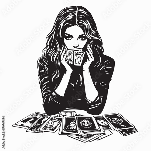 Girl Reading Tarot Cards image vector isolated on white background.