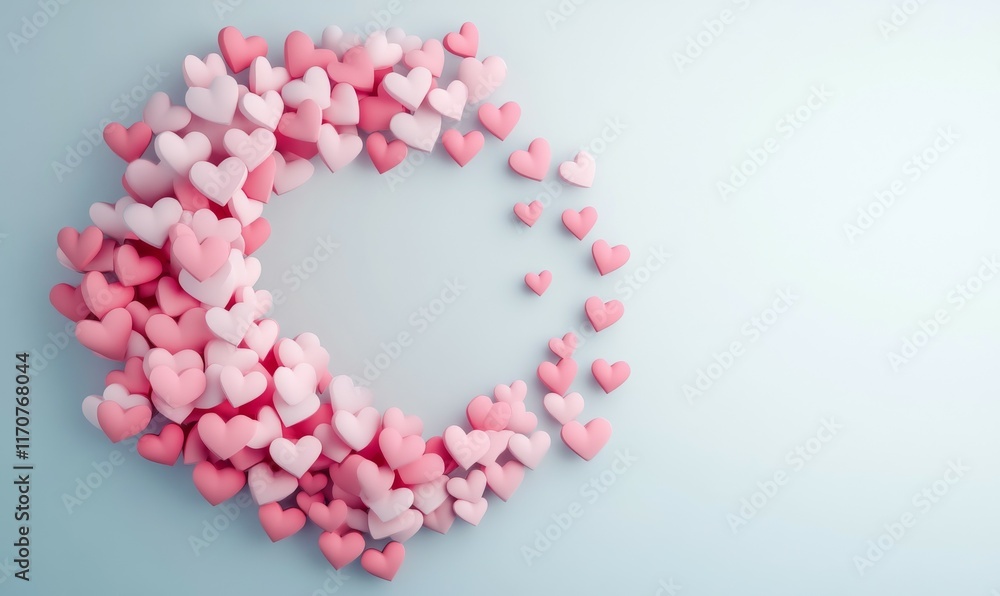 Pink 3D Hearts arranged in the Shape of a Spiral. Contemporary Valentine's Day Background. 3D Render. Pink 3D Hearts arranged in the Shape of a Spiral. Contemporary Valentine's Day Background. 3D Render.