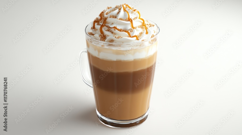 Caramel coffee drink layered in a glass cup with whipped cream and caramel drizzle. Caramel coffee drink layered in a glass cup with whipped cream and caramel drizzle.
