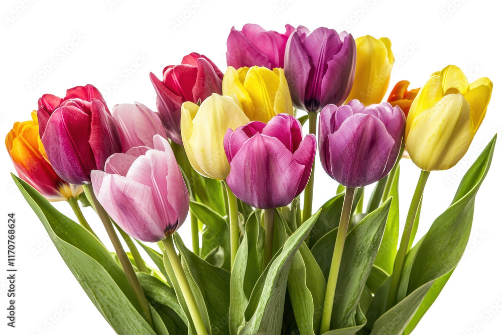 A vibrant bouquet of multicolored tulips showcasing a variety of hues and lush green leaves. A vibrant bouquet of multicolored tulips showcasing a variety of hues and lush green leaves.