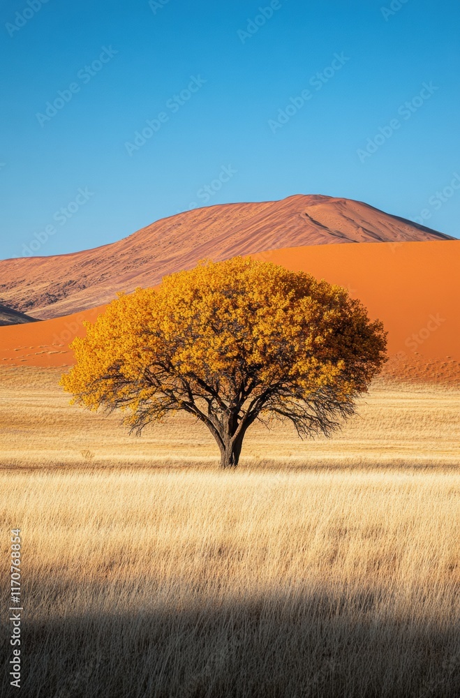Naklejka premium A tree stands in a field of tall grass
