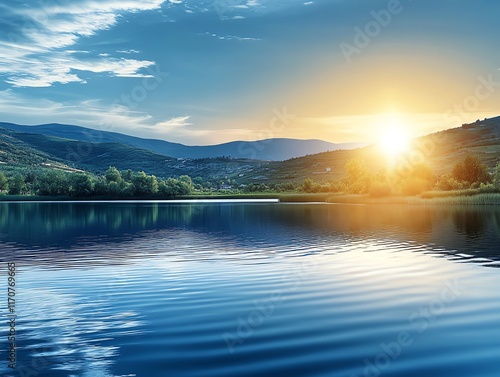 Serene Sunset Lake: Tranquil Landscape Painting photo