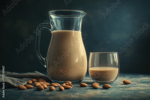 A glass pitcher filled with creamy almond milk next to a smaller glass, surrounded by almonds on a textured surface. photo