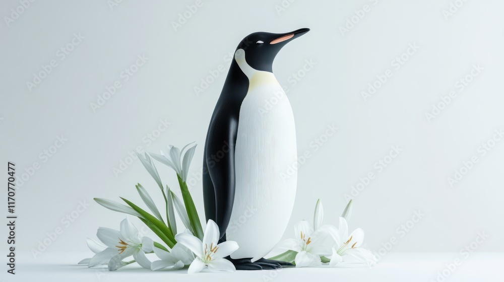 Fototapeta premium Penguin figurine with white flowers.
